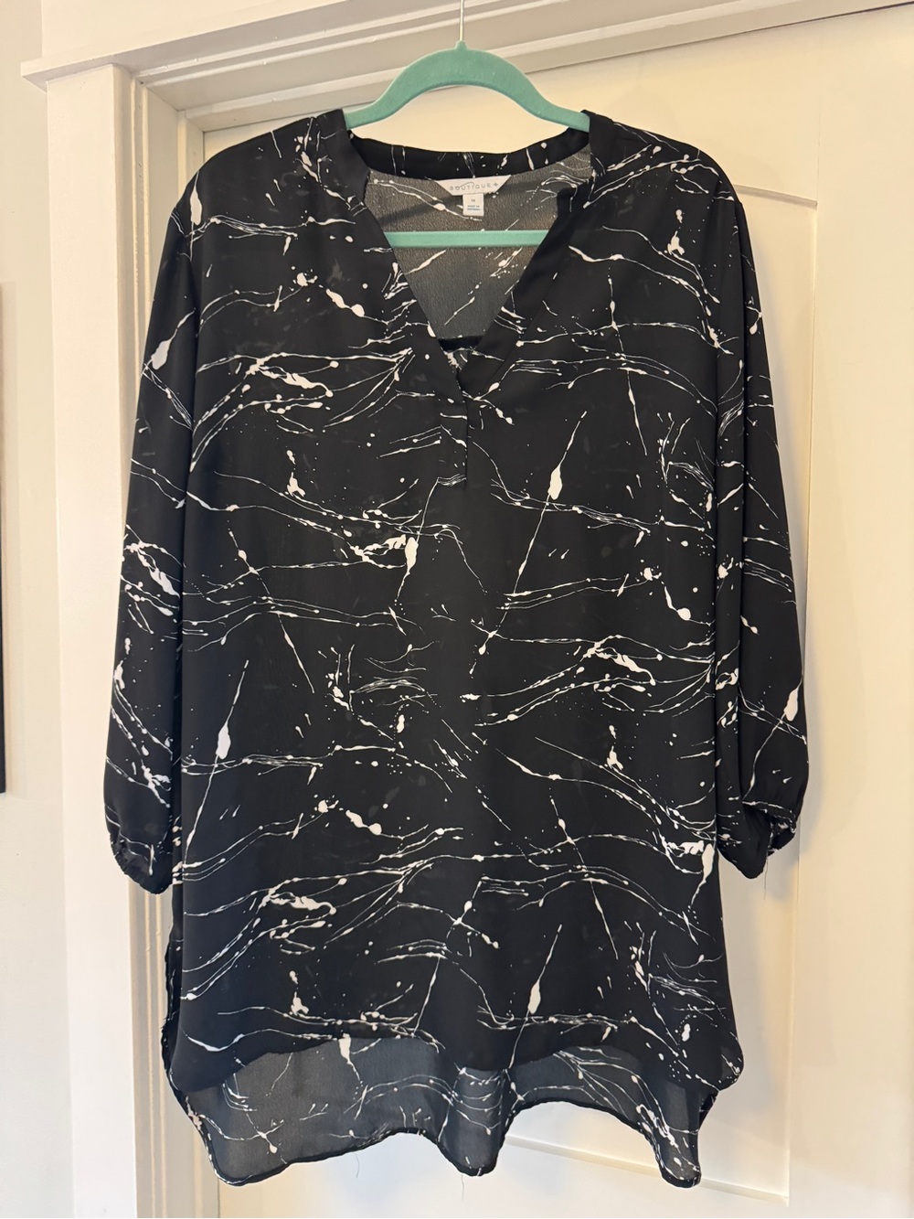 Black & White Marble-Print V-Neck Women's Blouse